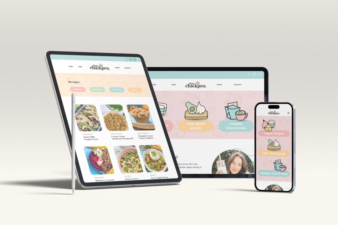 A mockup of that chickpea's website on a laptop, ipad, and mobile device.
